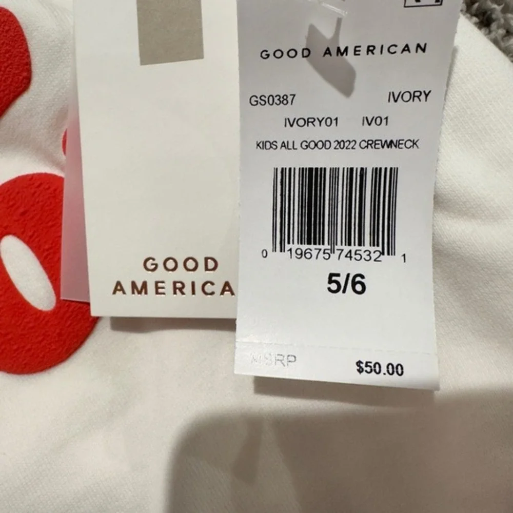 Good American Kids All Good Crewneck Sweatshirt Ivory Size 5/6